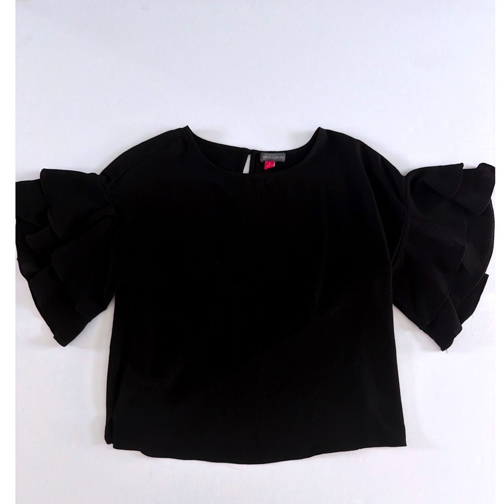 Vince Camuto Black Ruffle Tiered Sleeve Blouse Keyhole Back Top Small